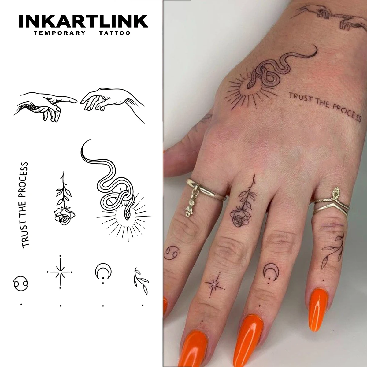 

Two Hands, Snake, Rose & "TRUST THE PROCESS" Temporary Tattoo by INKARTLINK, 15 Days, Waterproof