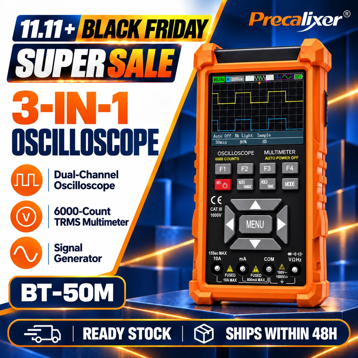 3 in 1 Handheld Oscilloscope Multimeter 50MHz Dual Channel 6000 Counts Auto Range Signal Generator DDS Automotive Repair