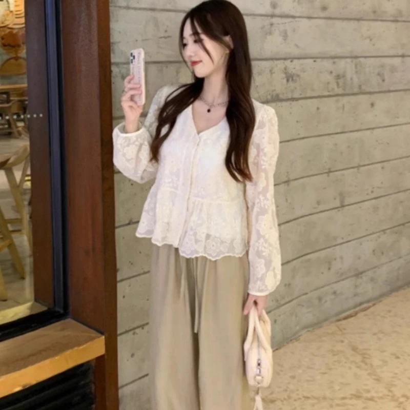 Mori Girl Japan Korea Cute Sweet Embroidery Tops Women FLHJLWOC Preppy Style Date Girls Vintage Peplum Lace Shirts Blouses