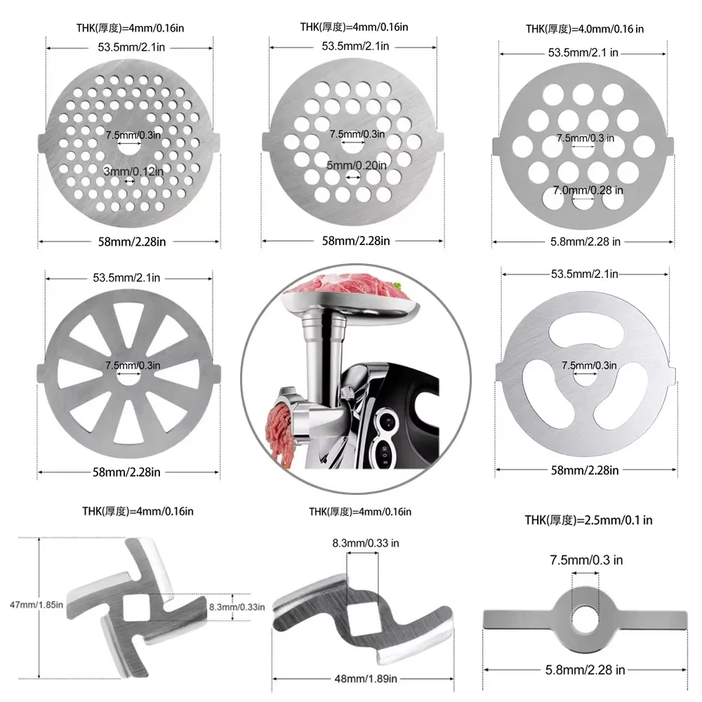 Meat Grinder Blades Pinion Mixer Spare Parts Meat Grinder Knife Stainless Steel Grille for Food Grinder Accessories Kitchen Tool