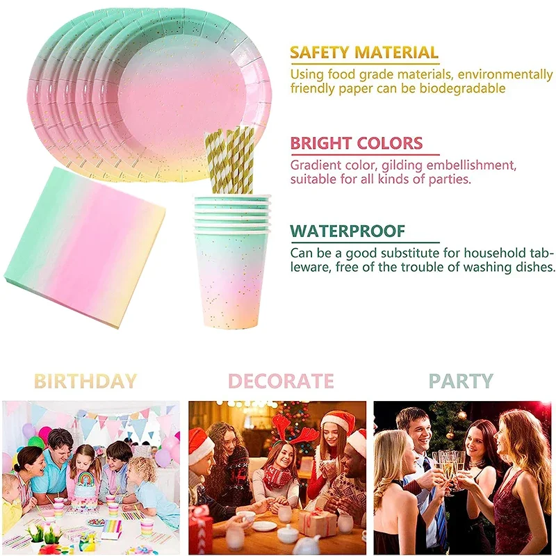 20/40/80Pcs Pastel Plates Rainbow Disposable Paper Plates Birthday Party Tableware Plates Napkins Cups Decor for Weddings Favors