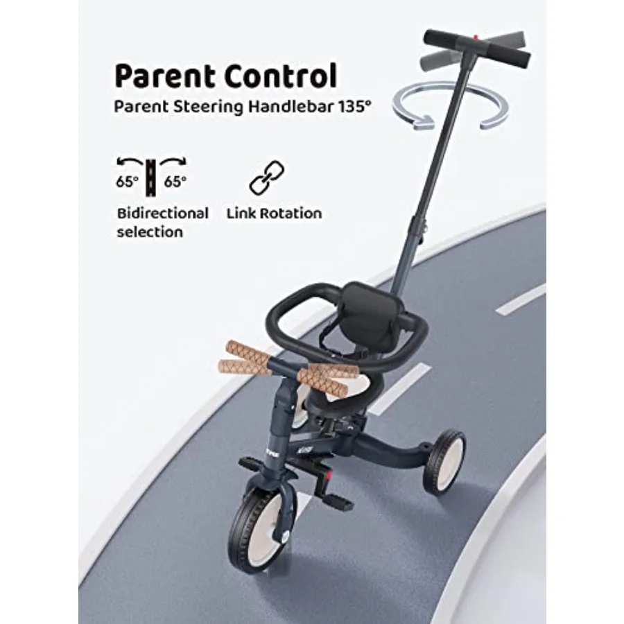 รถสามล้อเด็ก TR008 สำหรับเด็กวัย 1-3 ปี 5 in 1 จักรยานทรงตัวสำหรับเด็ก สีเทาเข้ม พร้อมที่จับสำหรับผู้ปกครอง ป้องกันการล้ม ของขวัญวันคริสต์มาสและวันเกิด