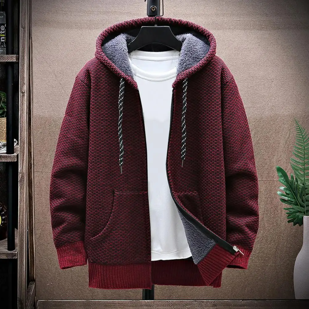 

Drawstring Hood Knitting Coat Male Hooded Cardigan Sweater Winter Men's Plush Lined Sweater Coat Hooded Drawstring Long Sleeve