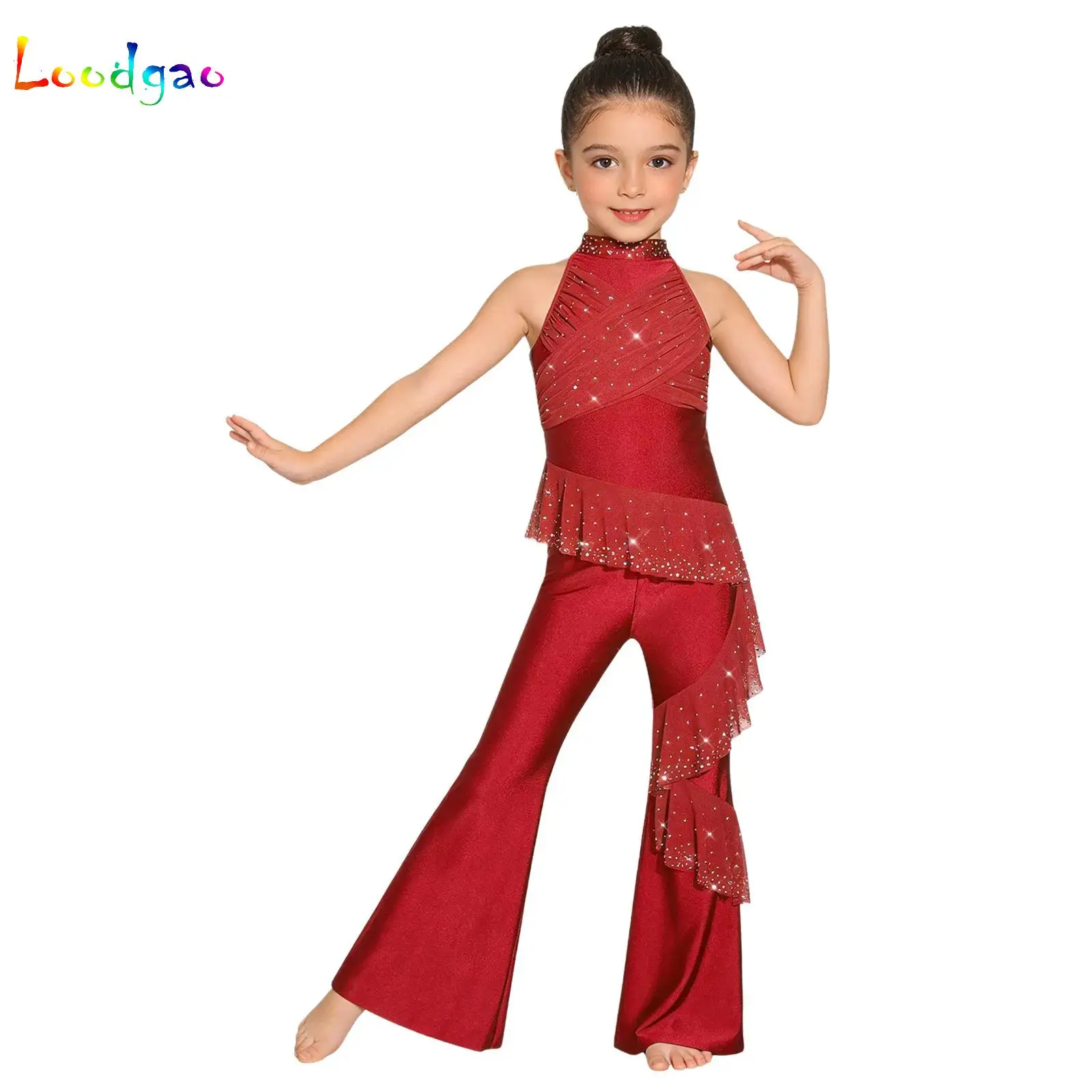 

Kids Girls Sparkling Rhinestones Ballet Dance Jumpsuit Sleeveless Ruched Mesh Ruffles Bell-Bottom Bodysuit Performance Dancewear