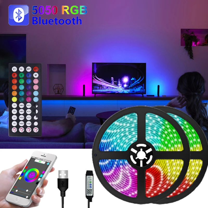 luzes led para o quarto 5050 rgb fita led luz de tira novo 44 teclas de controle bluetooth para hoom decoracao cor pc musica tv led fita luz 01