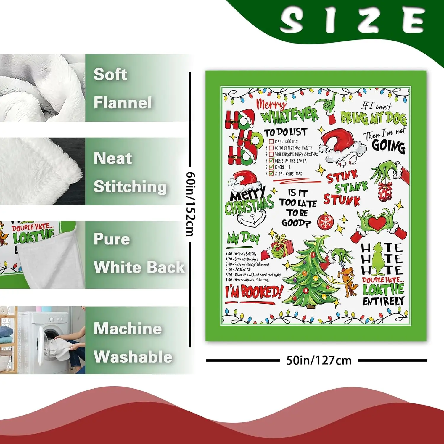 Merry Christmas Green Flannel Throw Blanket, Funny Xmas Tree Ho Ho Ho Birthday Gifts for Kids Men Women, Winter Holiday Stink
