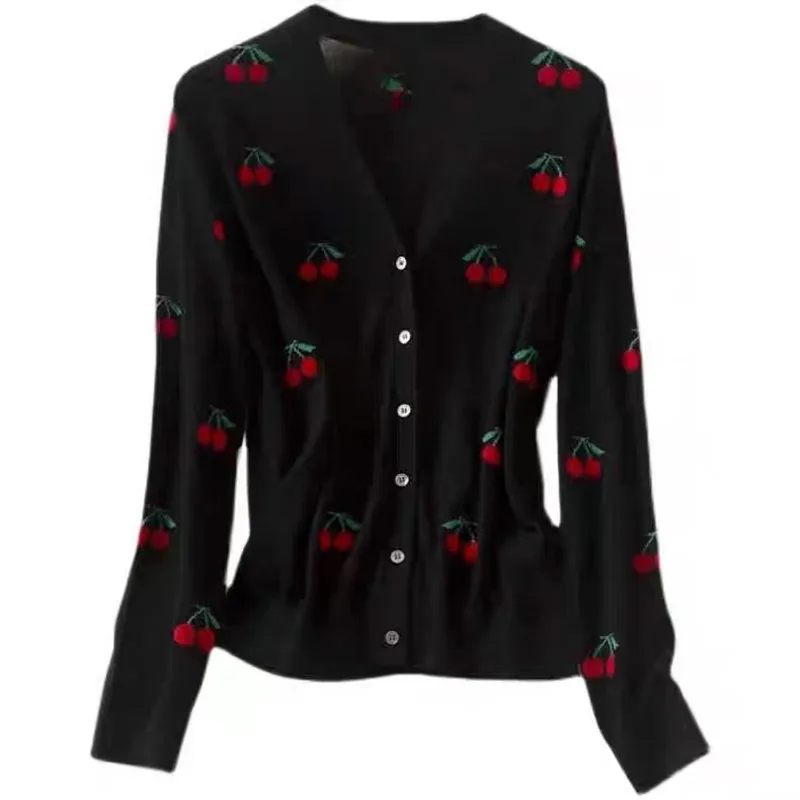 Fashion all-match embroidered cherry cashmere cardigan spring and Autumn women\'s new bottom sweater sweater loose wool coat