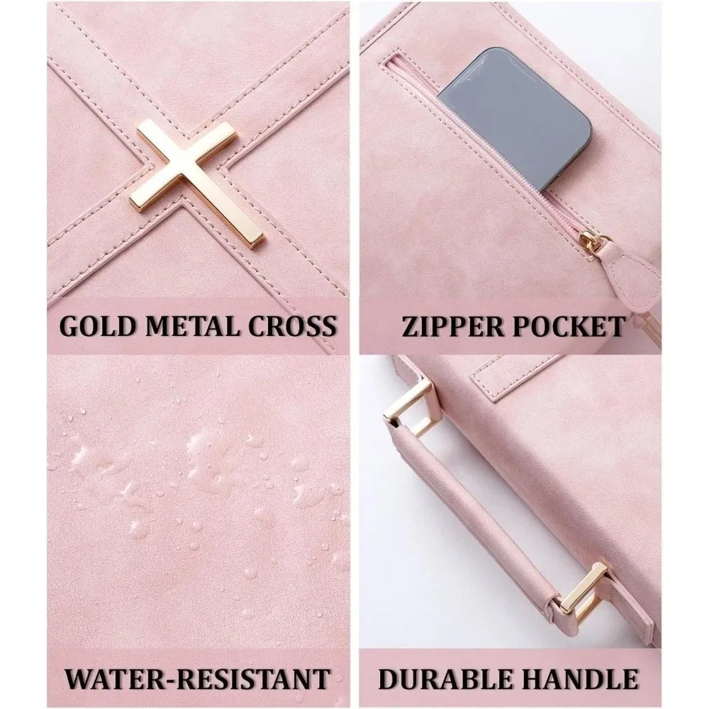 Cross-themed Vegan Leather Bible Cover Dust-proof Built-in Bookmark Ribbon PU Leather Bible Bag Zipper Closure Scratch Resistant