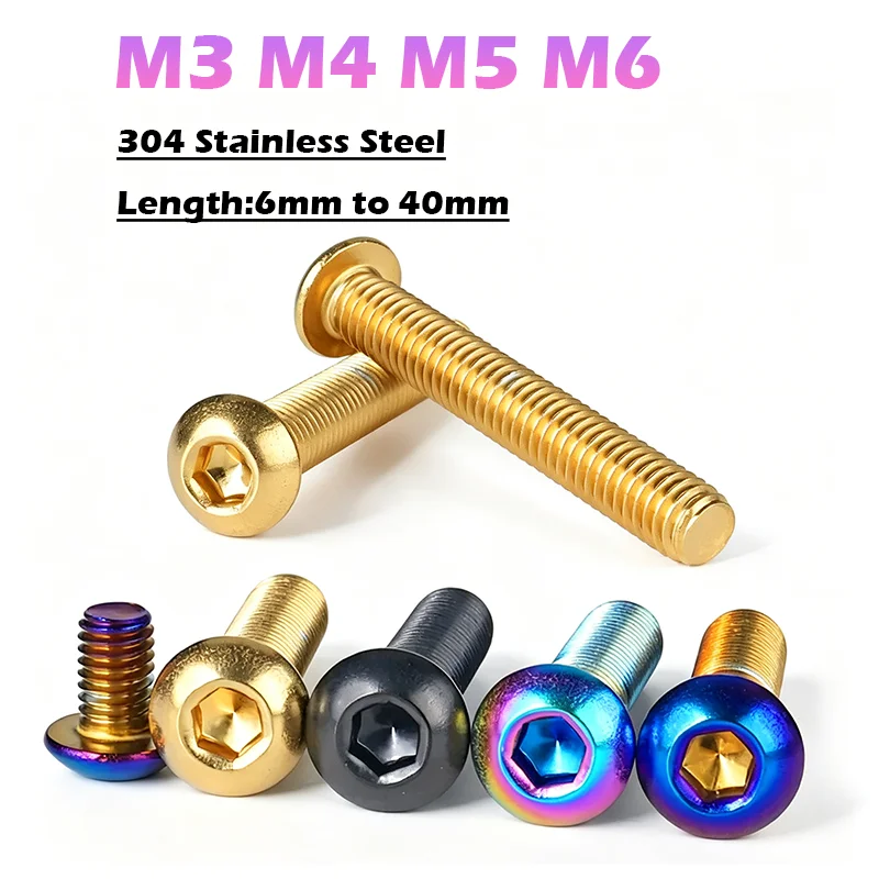 Peijian M3 M4 M5 M6 Mushroom Round Hex Socket Screws Color Plated 304 Stainless Steel E-bike Motorcycle Modify Fixing Bolts