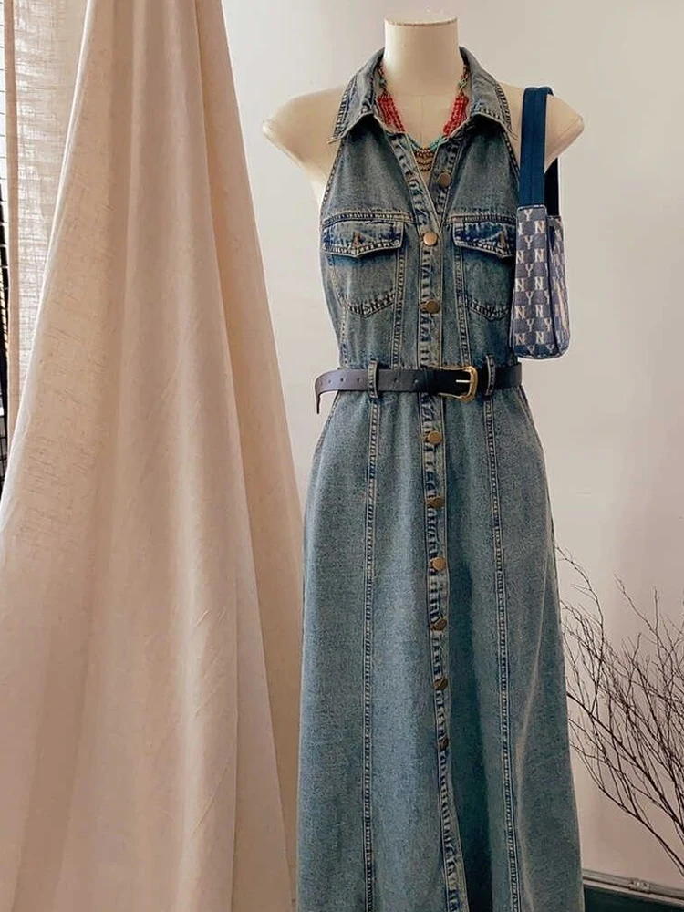 Denim Dress with Hanging Neck for Women, Long Dresses, Hollowed Out Back, Women\'s Clothing Traf, 2023