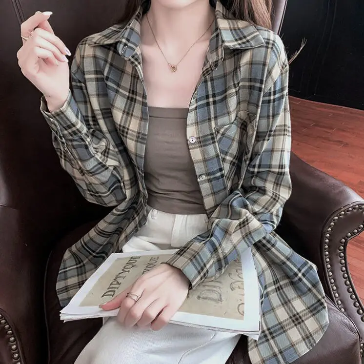 Hong Kong Style Japanese Checkered Shirt Long Sleeved Korean Loose Plus Size College Style Casual Shirt