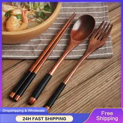 Wooden Tableware Fork Spoon Chopsticks 3-piece Set Korean Natural Solid Wood Long Handle Table Fork Spoon Portable Tableware