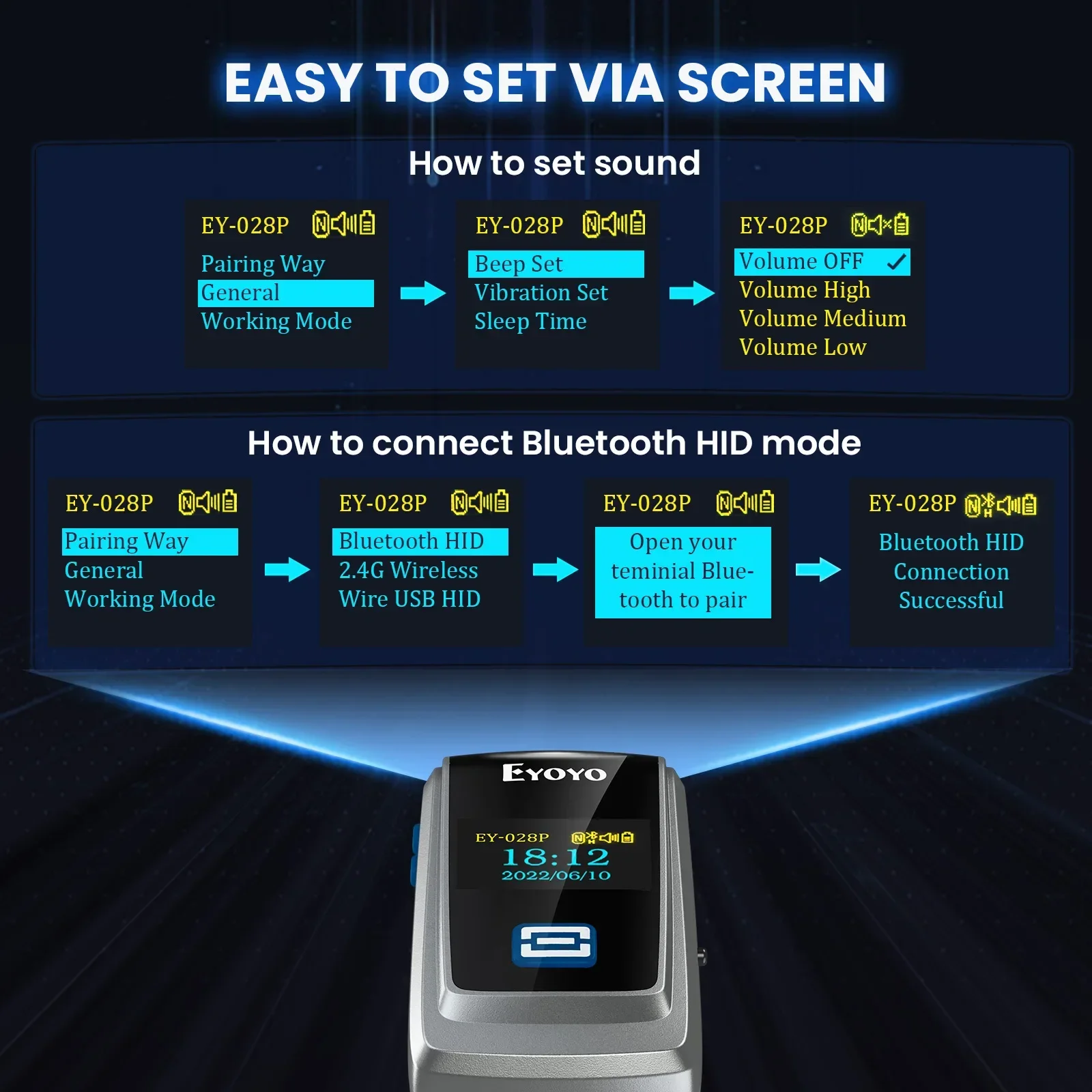 Мини-сканер Eyoyo, Bluetooth-сканер QR-кода с ЖК-дисплеем, портативный беспроводной 1D 2D-сканер книжных штрих-кодов для библиотеки