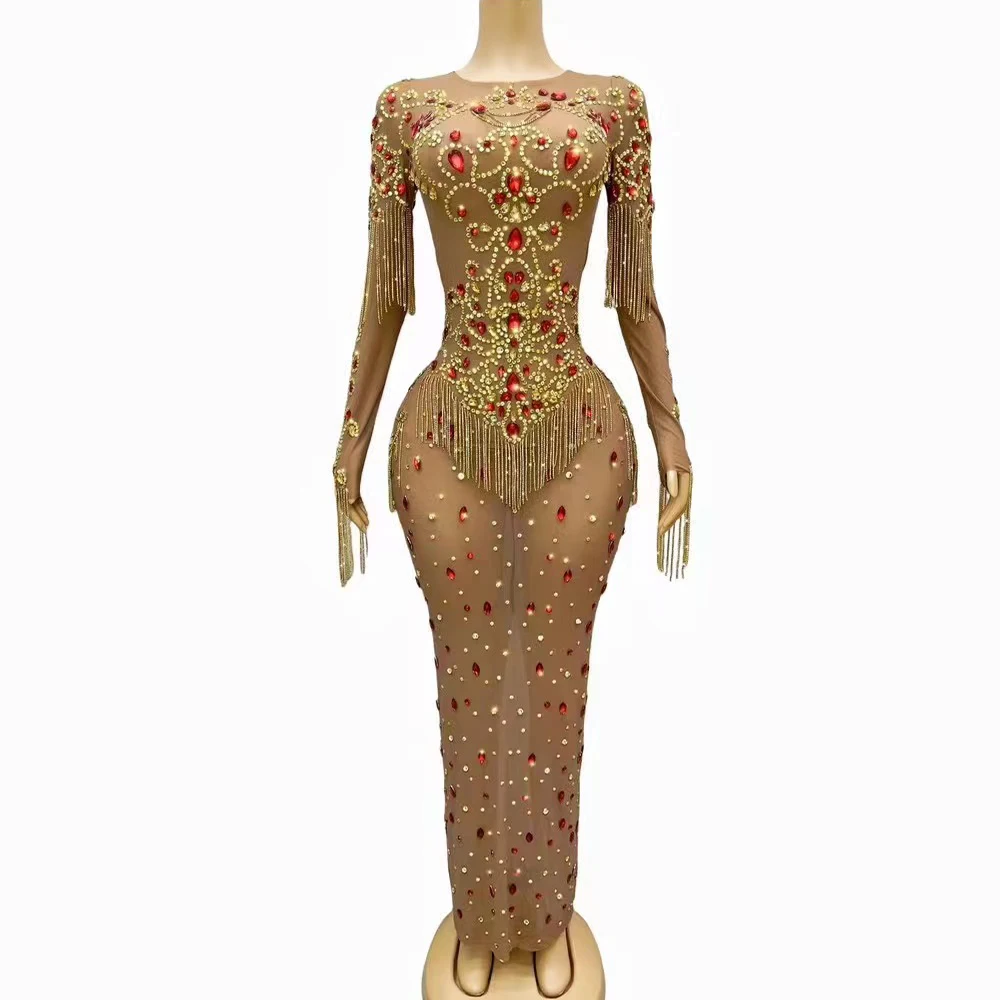 Sexy Stage Gold Red Rhinestones Crystals Chains Fringes Dress Graduation Celebrate Club Long Sleeves Singer Photoshoot Dress