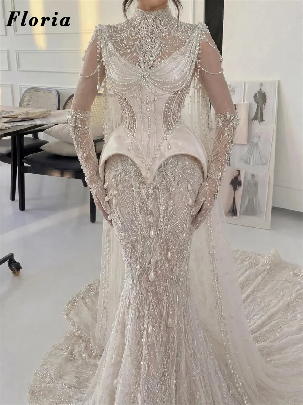 Luxurios Ivory Pearls Prom Dresses Middle East Lace Beaded Long Birthday Evening Wear Dress Customized Wedding Party Gowns Robes