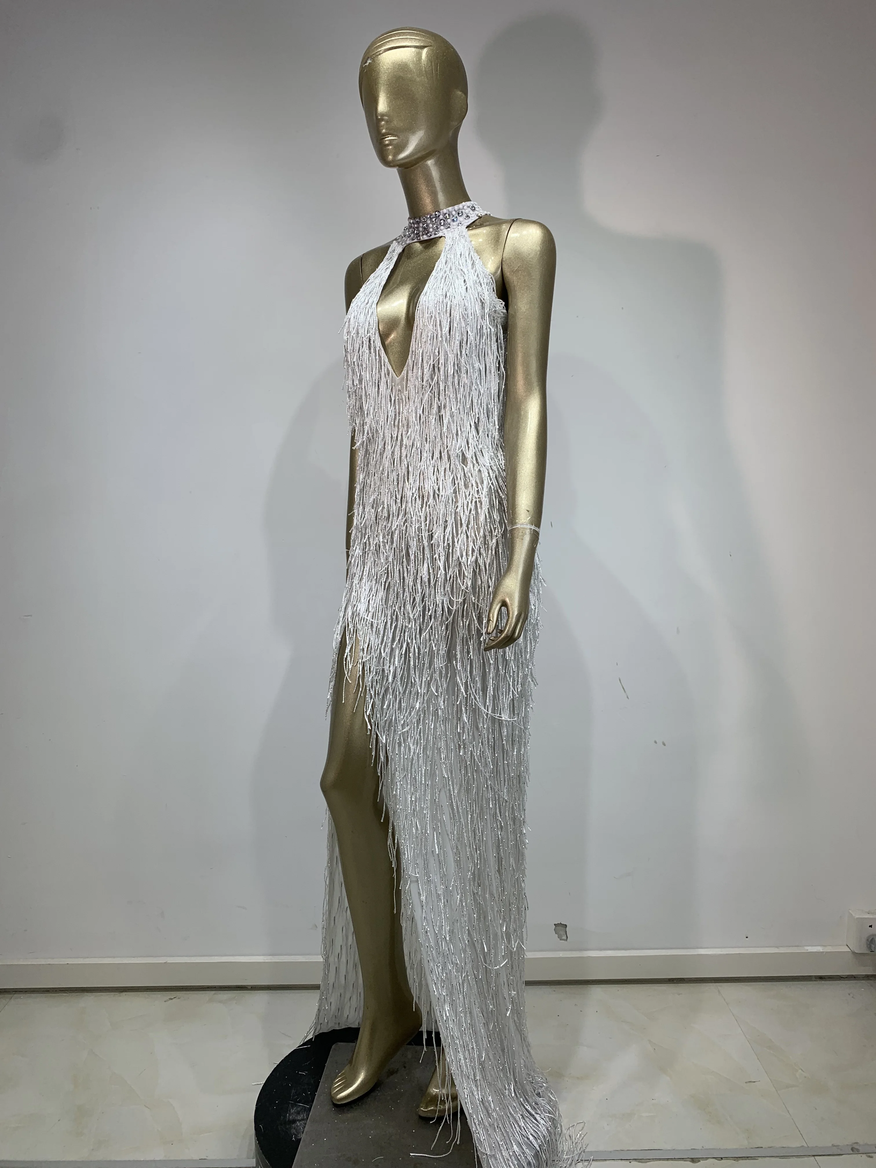 fringed decorative party evening dress Crystal-Embellished Sequin Fringe Halter Dress Black / M