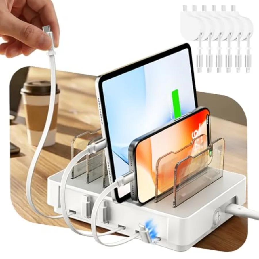 

HomeHub H1 Charging Station for multiple devices, Upgraded 6-Port Desktop Fast Charger with 6 Retractable Cables 4*C+2*iP,60W P