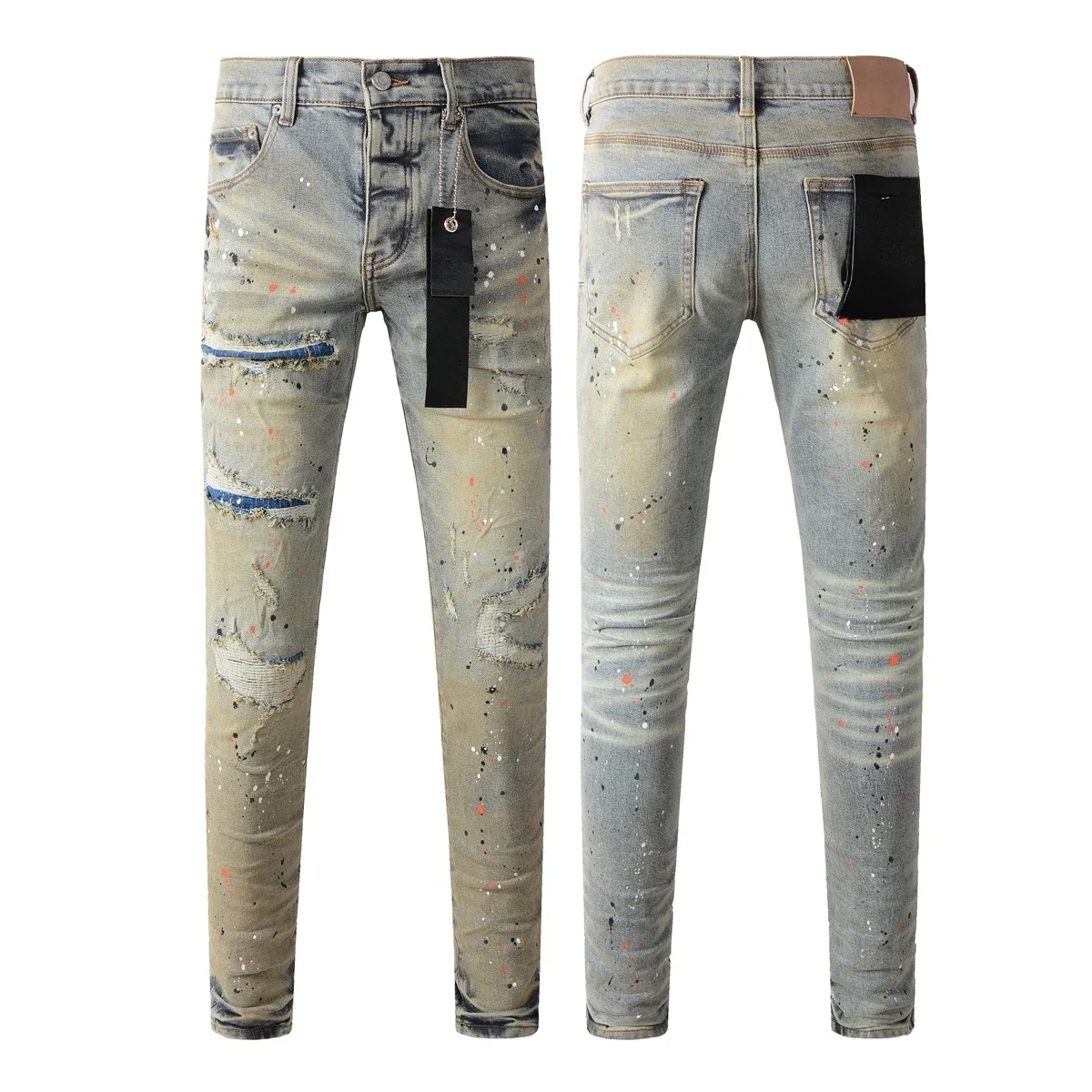 

Light Blue Distressed Ripped Paint Splatter Skinny Jeans for Men Fashionable Casual Denim Pants Spring Summer Slim Fit Style