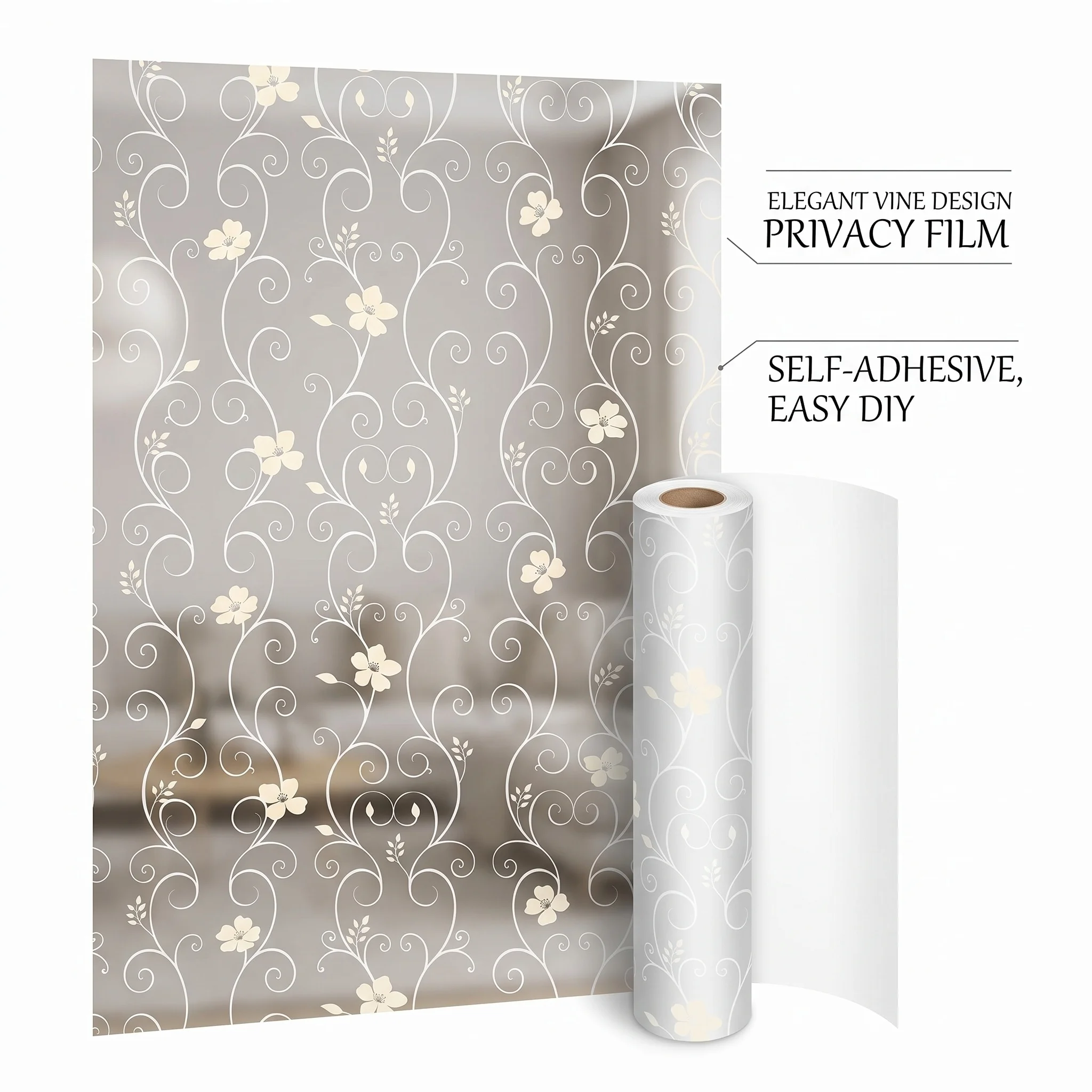 Elegant White Frosted Privacy Window Film Self-Adhesive Curly Vine Floral Design Removable Glass Sticker for Home Decor