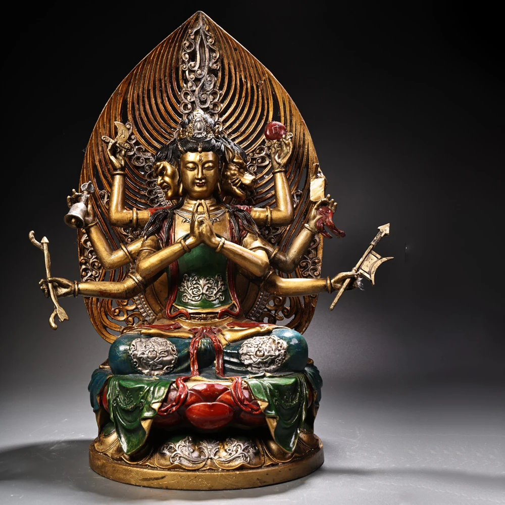 Antique Old Brass Eight Armed Doumu Yuanjun Goddess Statue Painted Gold Living Room Buddhist Altar Table Decor