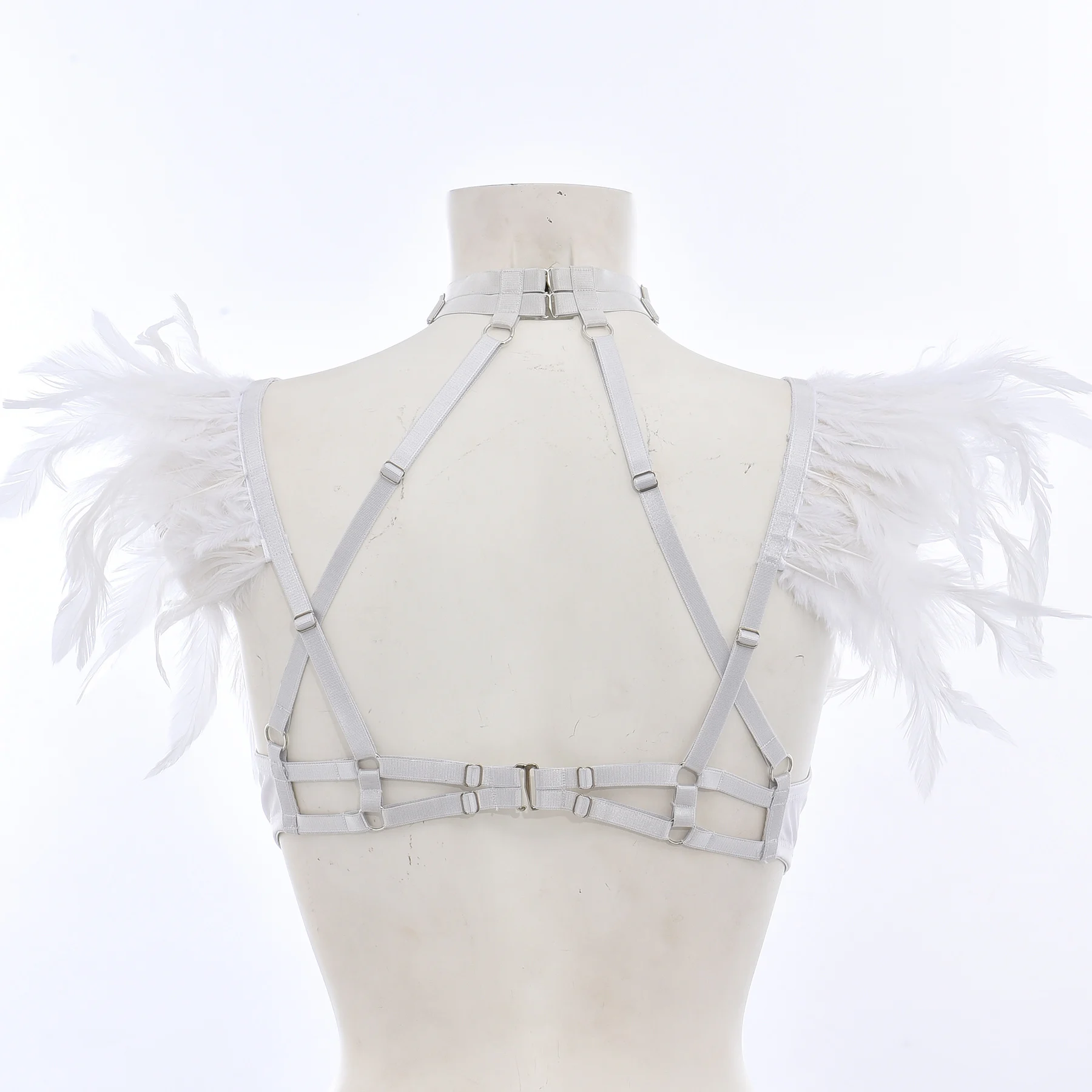 Feather Body Harness Cage Lingerie Open Chest Bra Punk Bondage Erotic Rave Wear Harajuku Elastic Harness Cage Crop Top Bustier