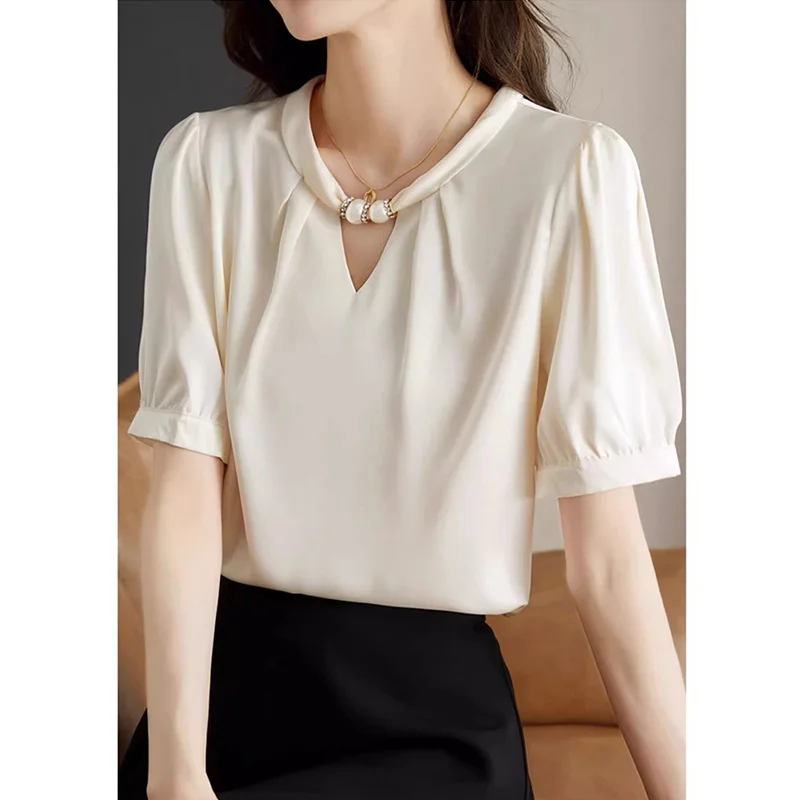 เสื้อแขนสั้นสตรี Poplin Patchwork Pintuck เสื้อหลวม College Class Minimalist Preppy Art นักเรียนอ่อนเยาว์ Girlish