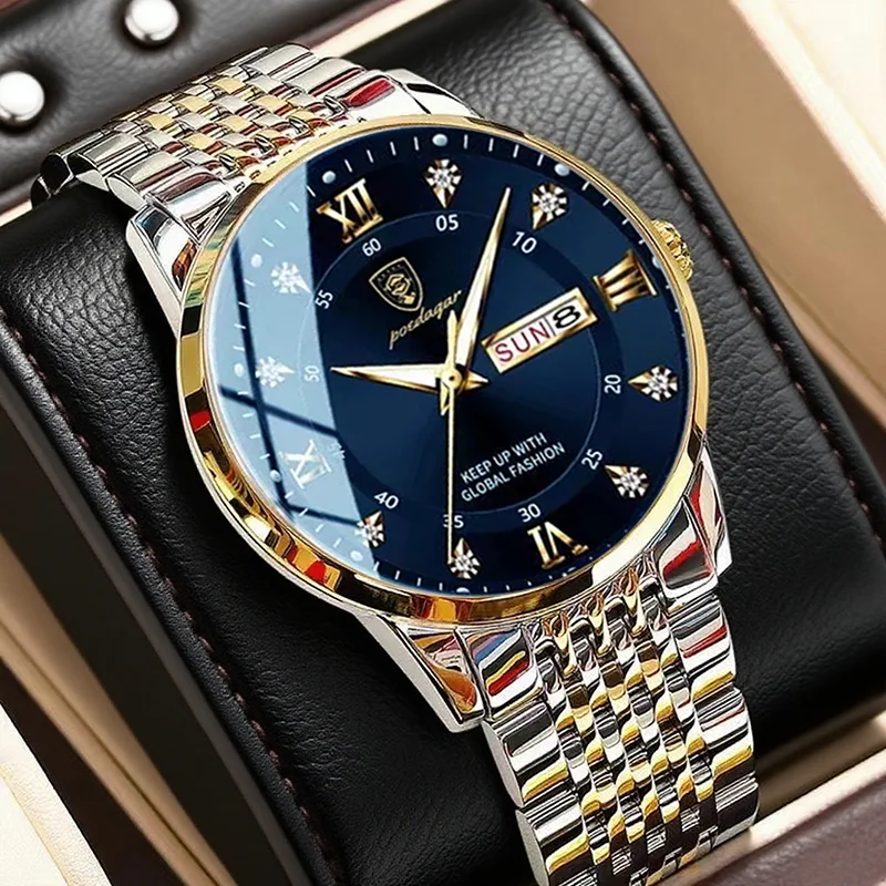 POEDAGAR, reloj Original de alta calidad para hombre, resistente al agua, fecha luminosa, reloj de lujo para hombre, relojes de cuarzo de acero inoxidable para hombre + caja