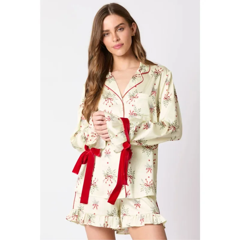 Natal pijama calças superiores conjunto feminino europeu américa imitação de seda pijama impressão bonito páscoa manga comprida shorts casa conjunto novo