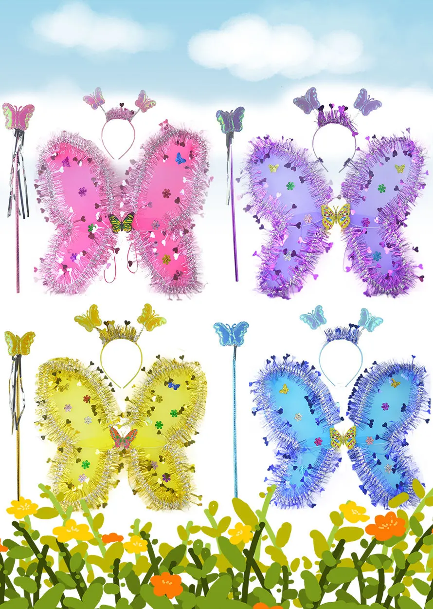 Butterfly Wings Prom Performance Props Angel Wings Elf Wings Filigree Headdress Scepter 3PCS Children's Party Holiday Props Gift