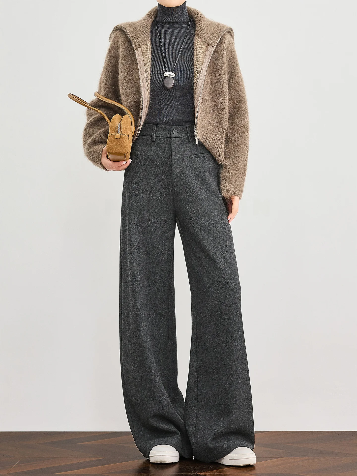 

FALIN Women's Woolen Suit Pants Straight Leg Drape Thi Casual Trousers Korean Sle Commute Pure Color ket Design