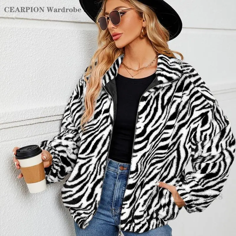 Women Zebra Striped Jacket Long Sleeve Stand Collar Zip Up Plush Coat Casual Loose Warm Fleece Outerwear Fashion Street Coat