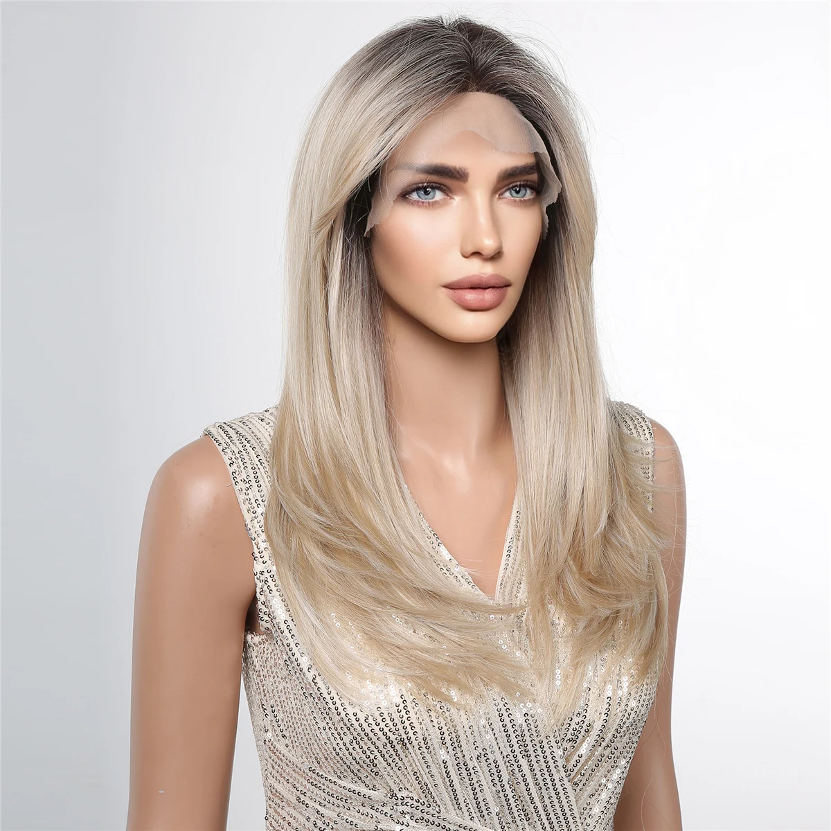 ALAN EATON Light Brown Straight Lace Front Wigs Middle Parting Ombre Blonde Lace Synthetic Wig Natural Hairline Heat Resistant