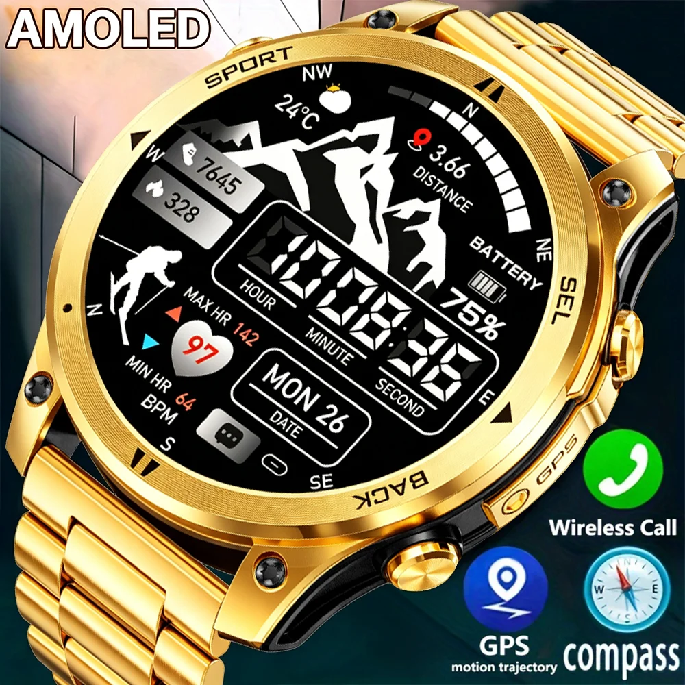 Gold Smartwatch for Men: 1.46-Inch AMOLED Screen, LED Flashlight, 560mAh Battery, 10ATM Waterproof, Bluetooth Call Smartwatch