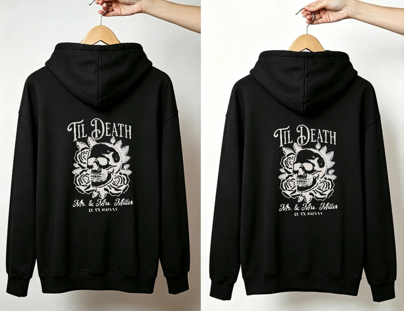 Customizable Til Death Mr & Mrs Couple Matching Hoodies Skull Rose Vintage Hooded Pullover Sweatshirt Anniversary Couple Gift