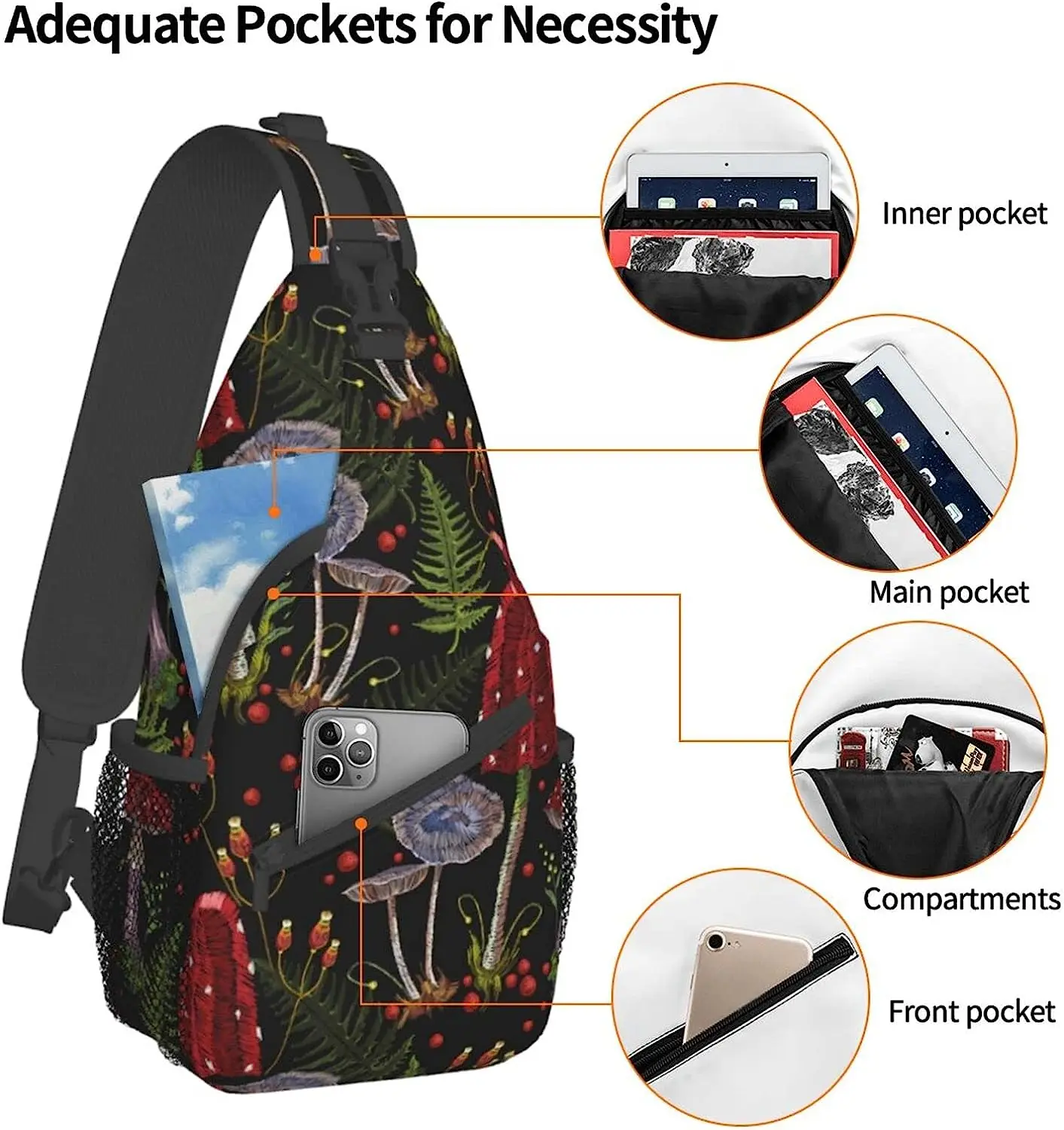 Mushrooms Crossbody Bags Sling Bag for for Women Men, Cute Fashion Chest Bag Casual Small Shoulder Bags Travel Hiking