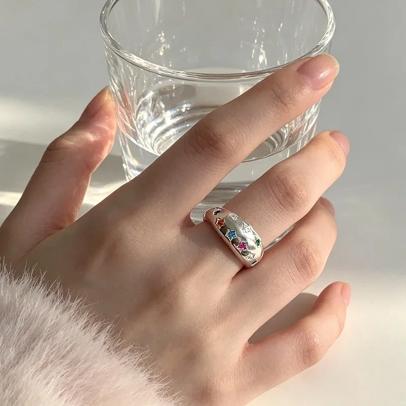 Shining Colored Zircon Stars 925 Sterling Silver Fine Resizable Opening Ring For Women Fine Luxury Jewelry RI1403