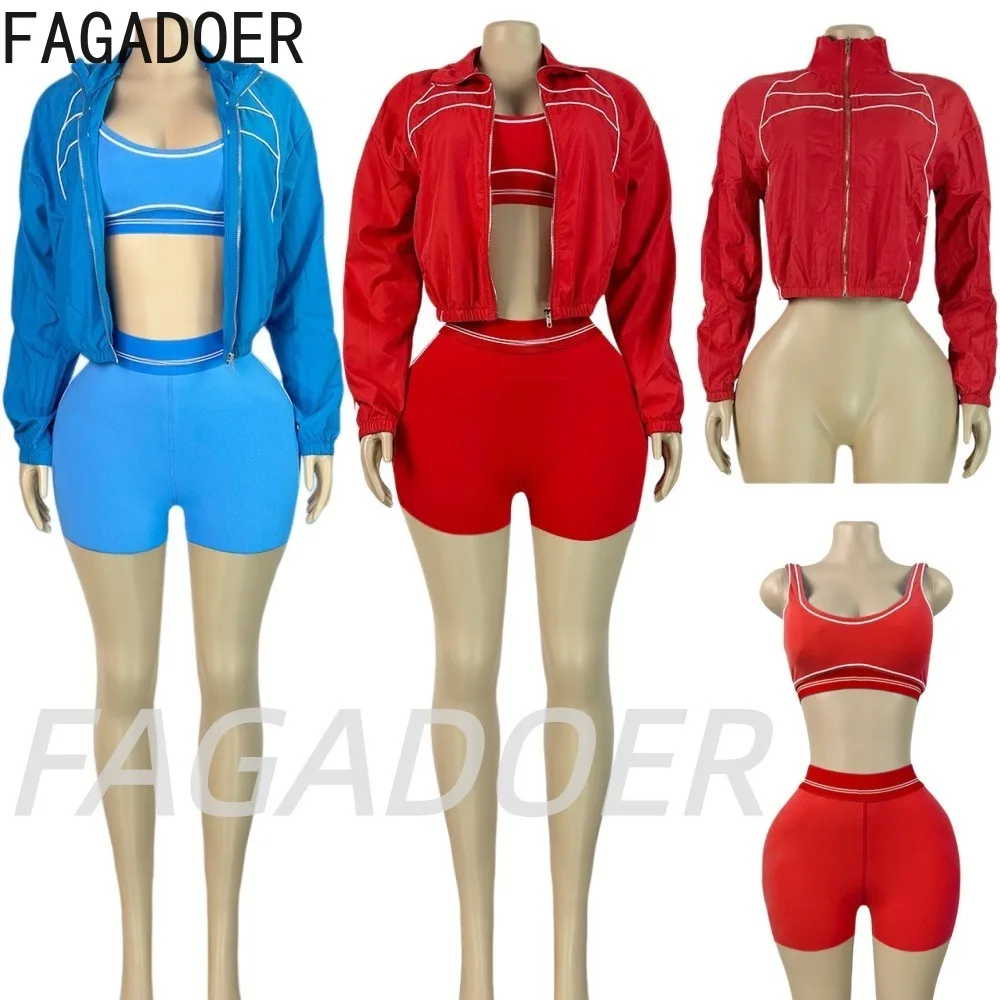 

FAGADOER Fashion Patchwork Quality Sporty Shorts 3 Piece Sets Casual Yoga Bodycon Outfits Women Summer Outdoor Run Outfits New