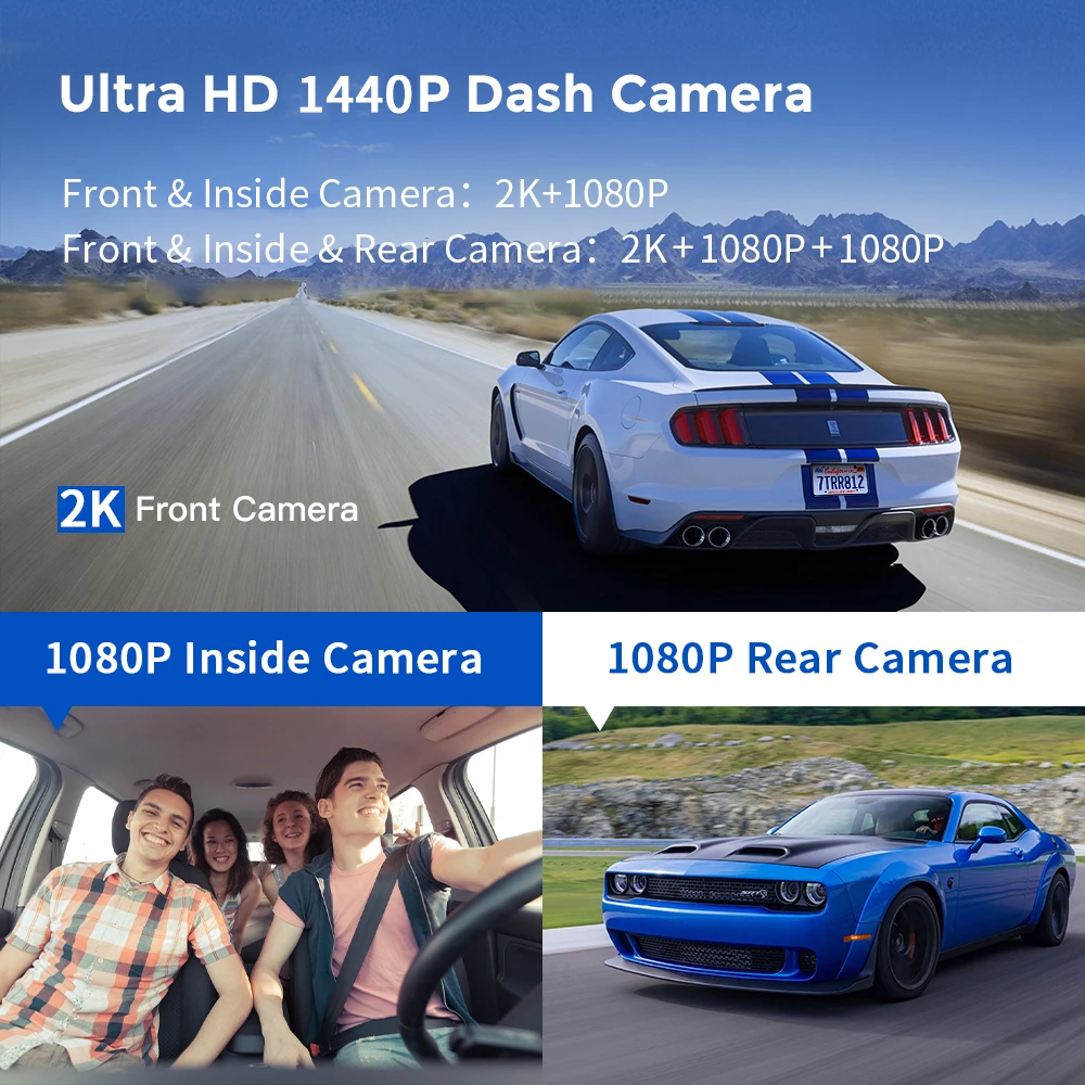 3 Channel Dash Cam Front Inside Rear Three Way Car Dash Camera, 2K+1080P Dual Channel With GPS WiFi IR Night Vision Camcorder