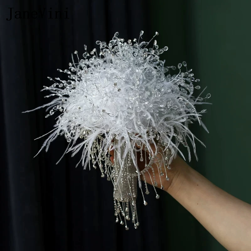 

JaneVini Luxury Rhinestones Tassel Feathers Wedding Bouquet for Bride Silver Crystal Bridal Holding Flowers Ramo Novia Mariage