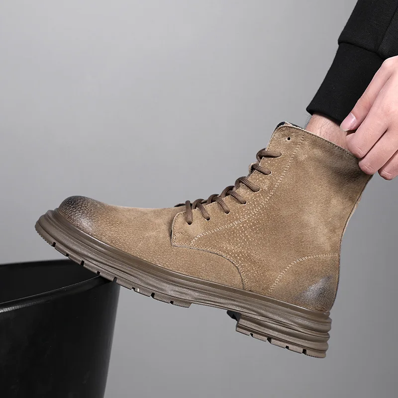 England style men fashion outdoors desert boots lace-up cow suede leather shoes cowboy autumn winter boot platform high botas