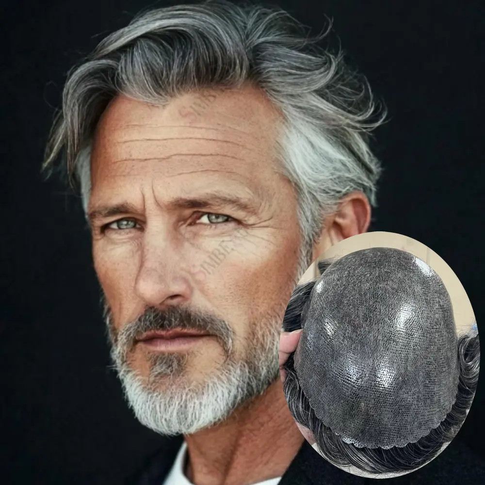 

Undetectable Silicon Poly Skin Man Hairstyle Human Hair Toupee Super Durable PU Base Black Grey Old Man's Capillary Prosthesis