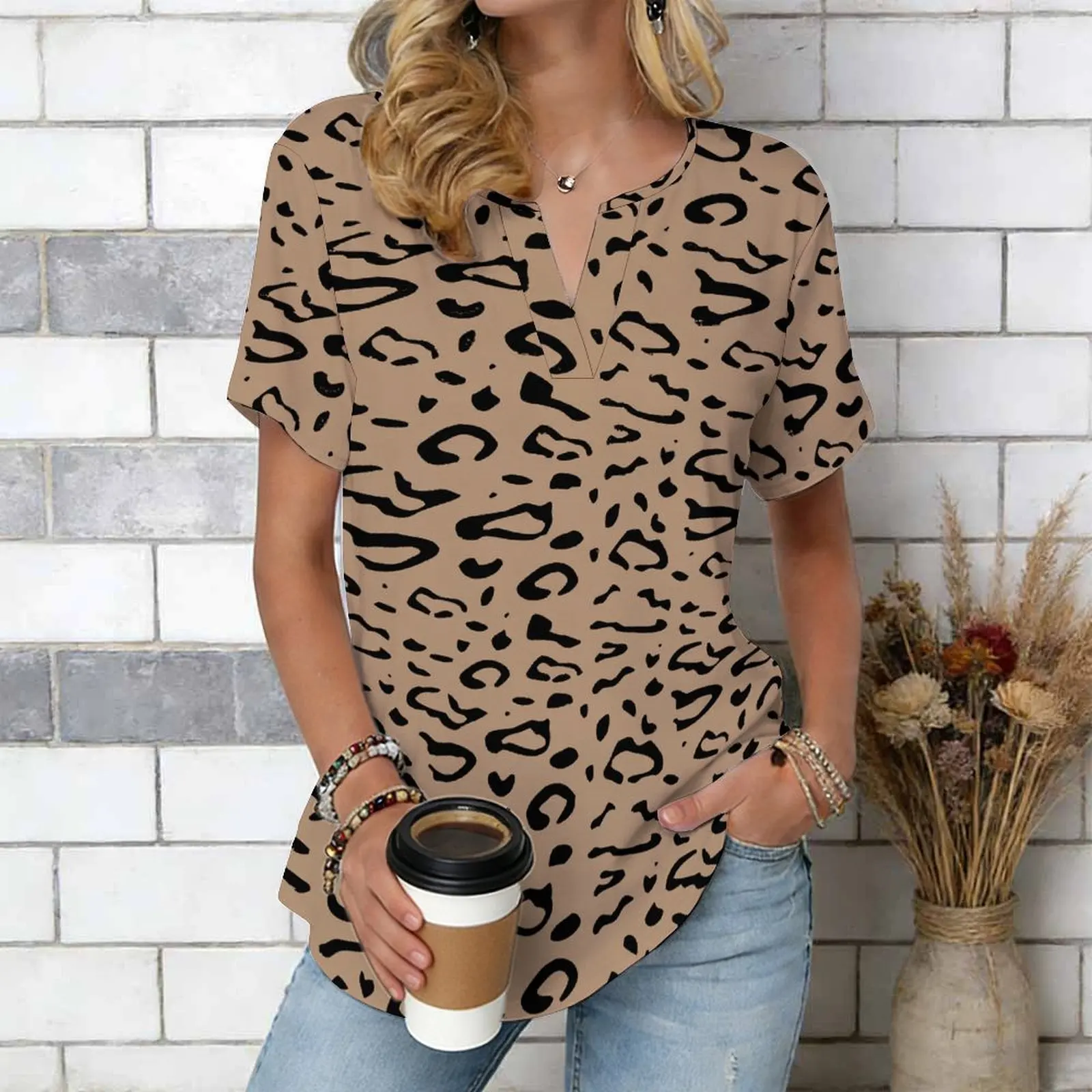 Women Print Notched V Neck Short Sleeve Casual Loose Tunic Tops