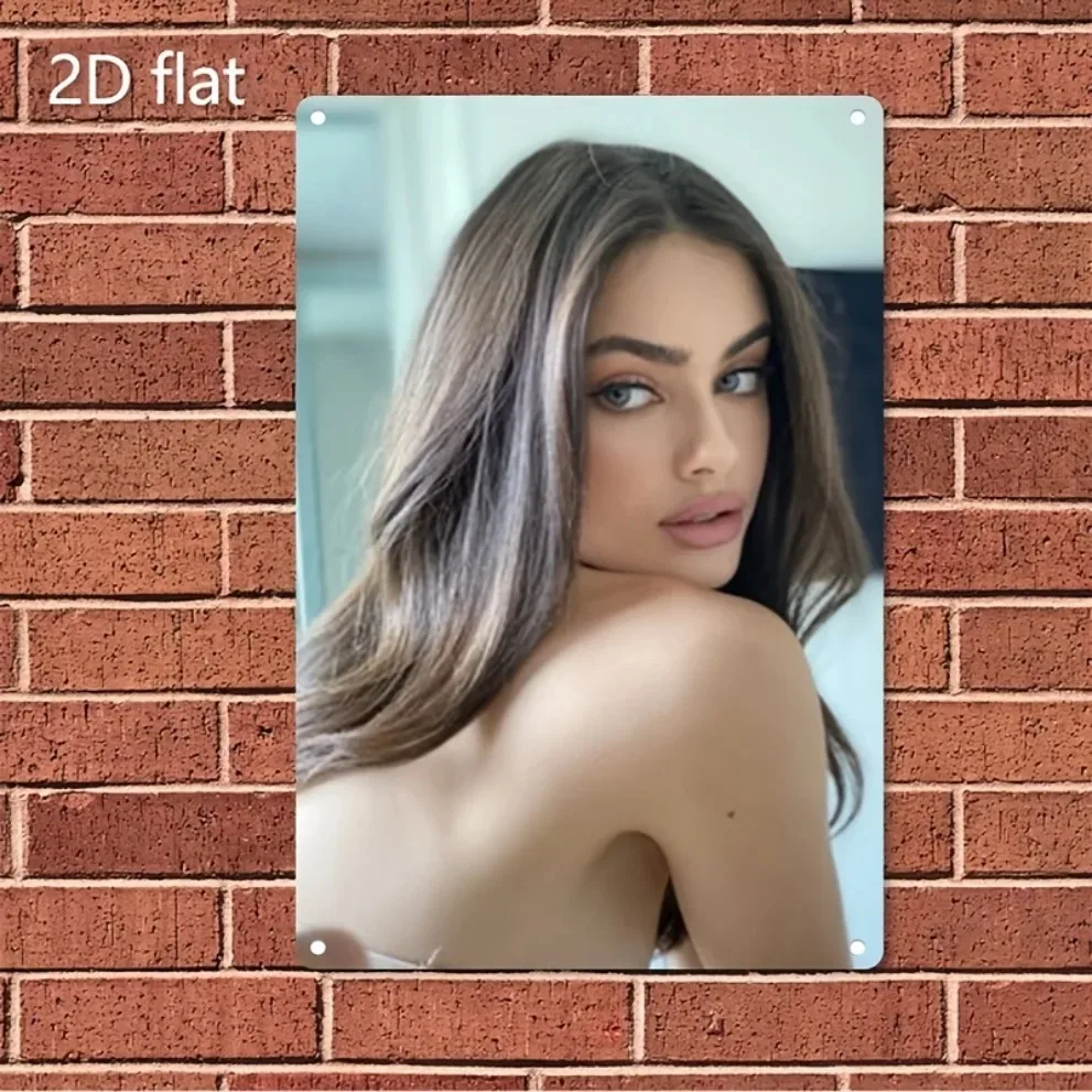Elegante arte de pared de metal con diseño de mujer, letrero de hierro con pelo castaño y ojos verdes para el hogar, cafetería, bar, regalo de Navidad