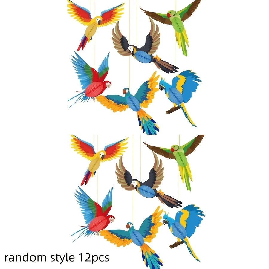 12 décorations en nid d'abeille d'oiseaux tropicaux. Perroquet double face, coloré. Pour un luau, la plage, la jungle, le safari. Idéal pour un anniversaire.