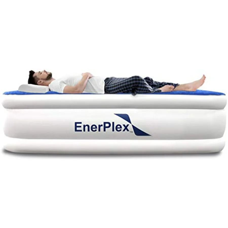 

Twin size air mattress for home, camping, travel; PVC material; black; built-in pump, raised double-height design, premium luxu