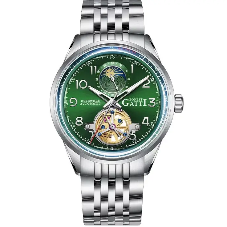 BONEST GATTI Men Automatic Watch 42mm Mechanical Wristwatch Waterproof Sapphire Mirror Luminous Skeleton Sun-Moon Dial Flywheel