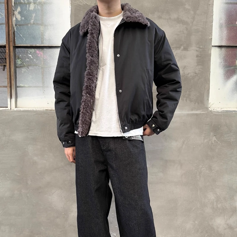 Heren Kunstleer Shearling Kraag Jas Winter Warm Oversized Bomberjas Loose Fit Casual Opstaande Kraag Zip-Up Bovenkleding