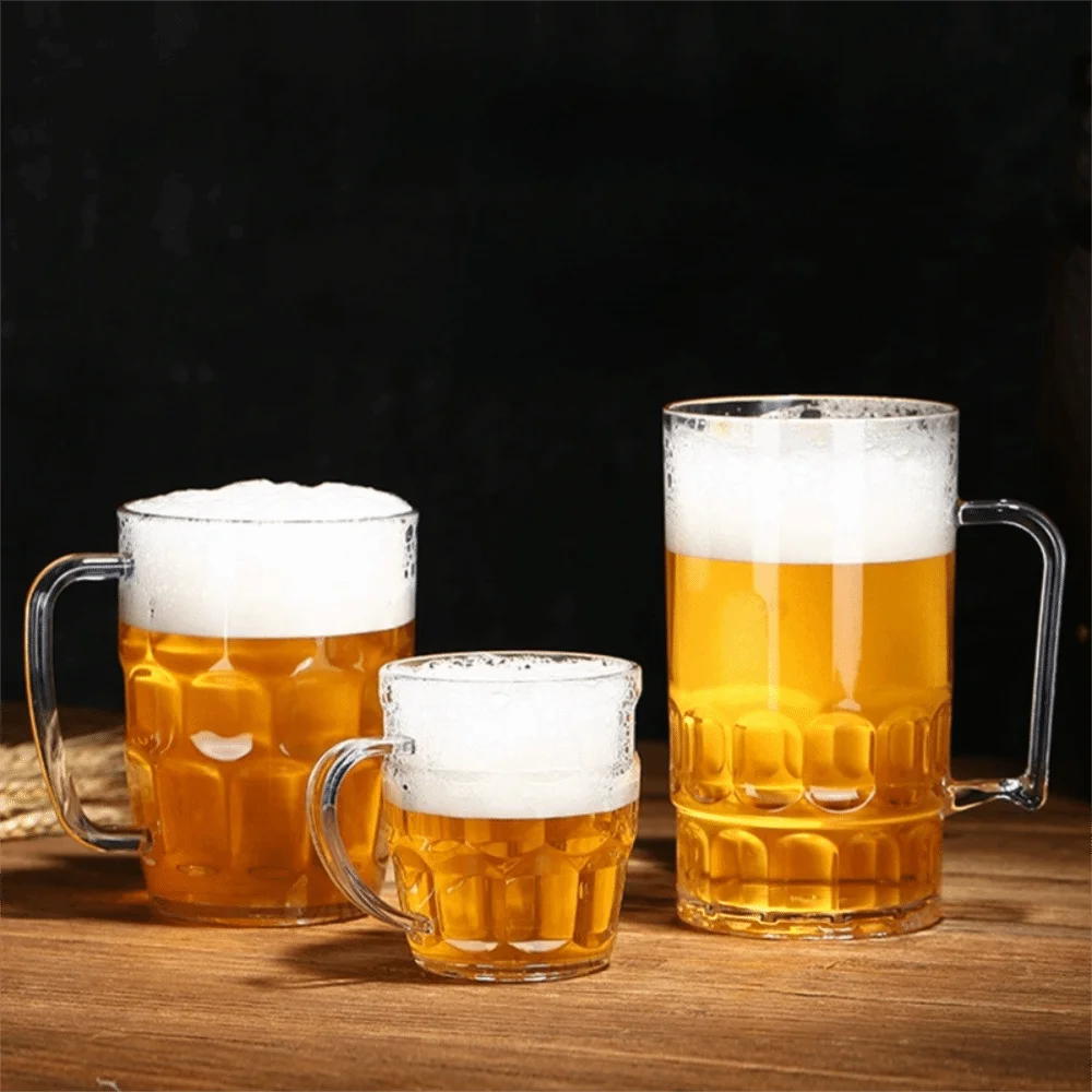 Durable Imitation Glass Plastic Beer Cup Unbreakable Transparent Drinking Cup with Handle Wide Mouth Beer Mug Party