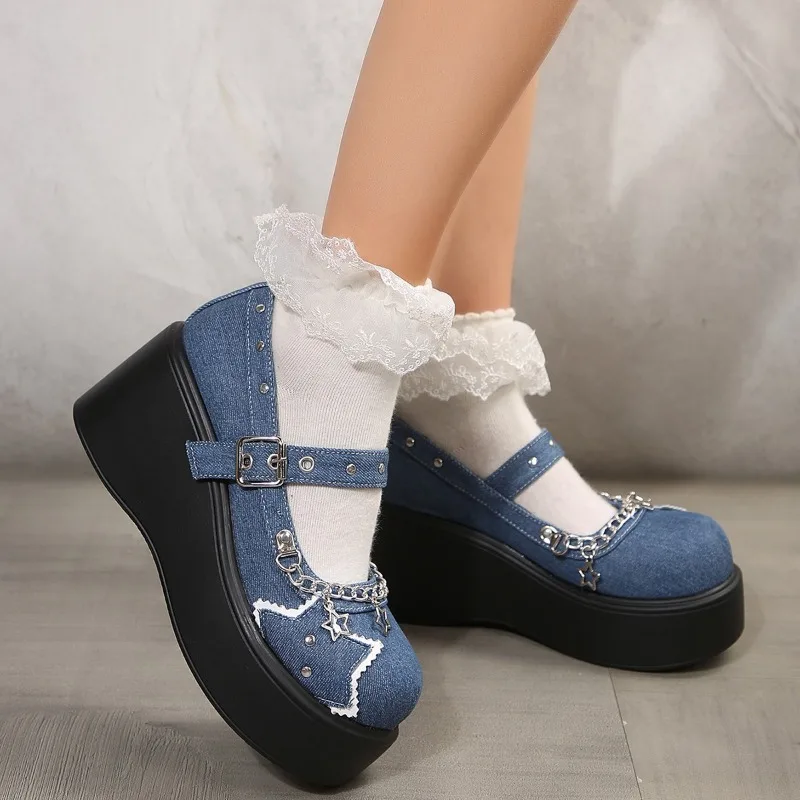 High Heel Wedges Mary Janes Denim Round Toe  2024 Brand Shoes Female Buckle Strap Casual Spring/autumn Chain Solid Pumps