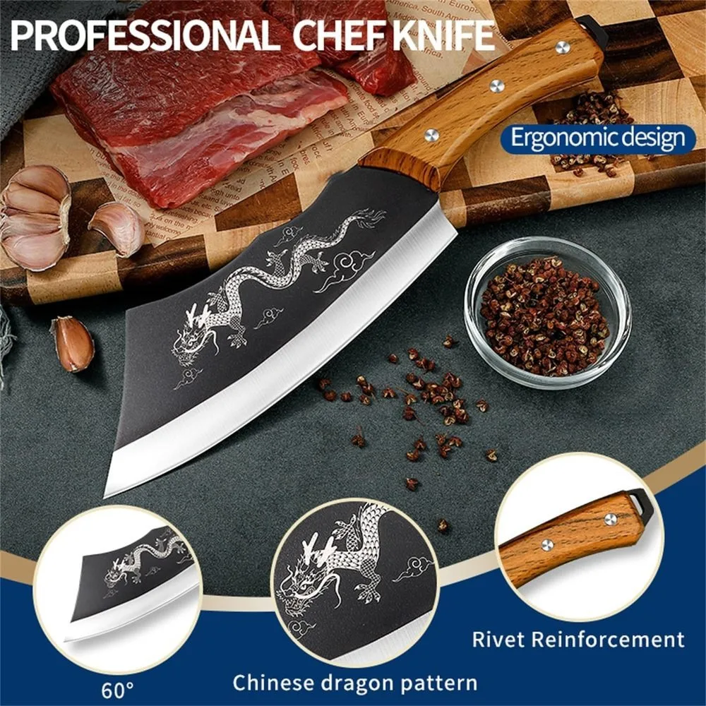 High Strength 8In Dragon Knife with Gift Box and Leather Case Ultra Sharp Stainless Steel Chinese Dragon Meat Knife for Kitchen